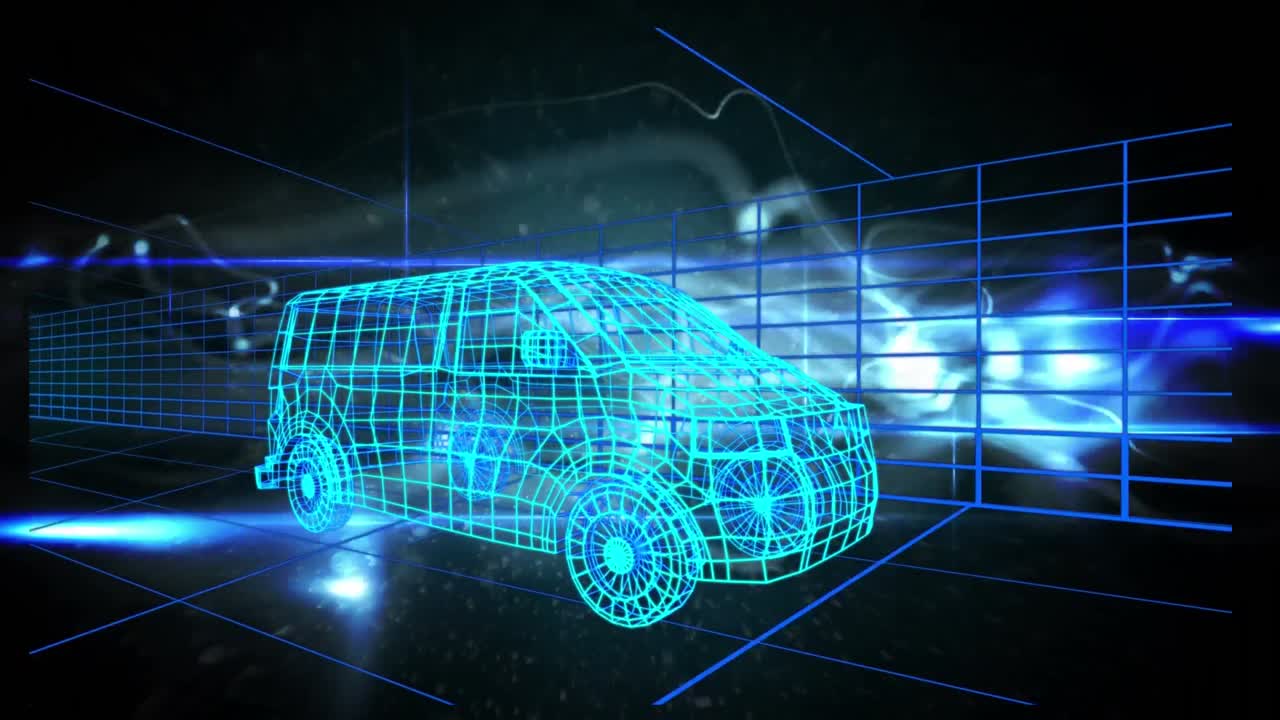 블루 웨이브로 검은 공간 위의 자동차 프로젝트의 애니메이션