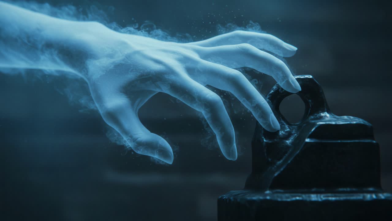 A spectral hand reaches toward a mystical artifact, capturing an ethereal moment in time that bridges the realms of the seen and unseen, evoking curiosity and wonder
