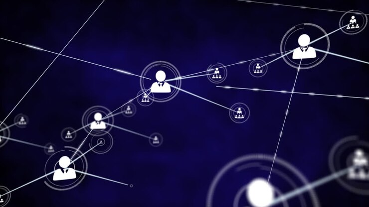 Animation of network of connections with icons on black background
