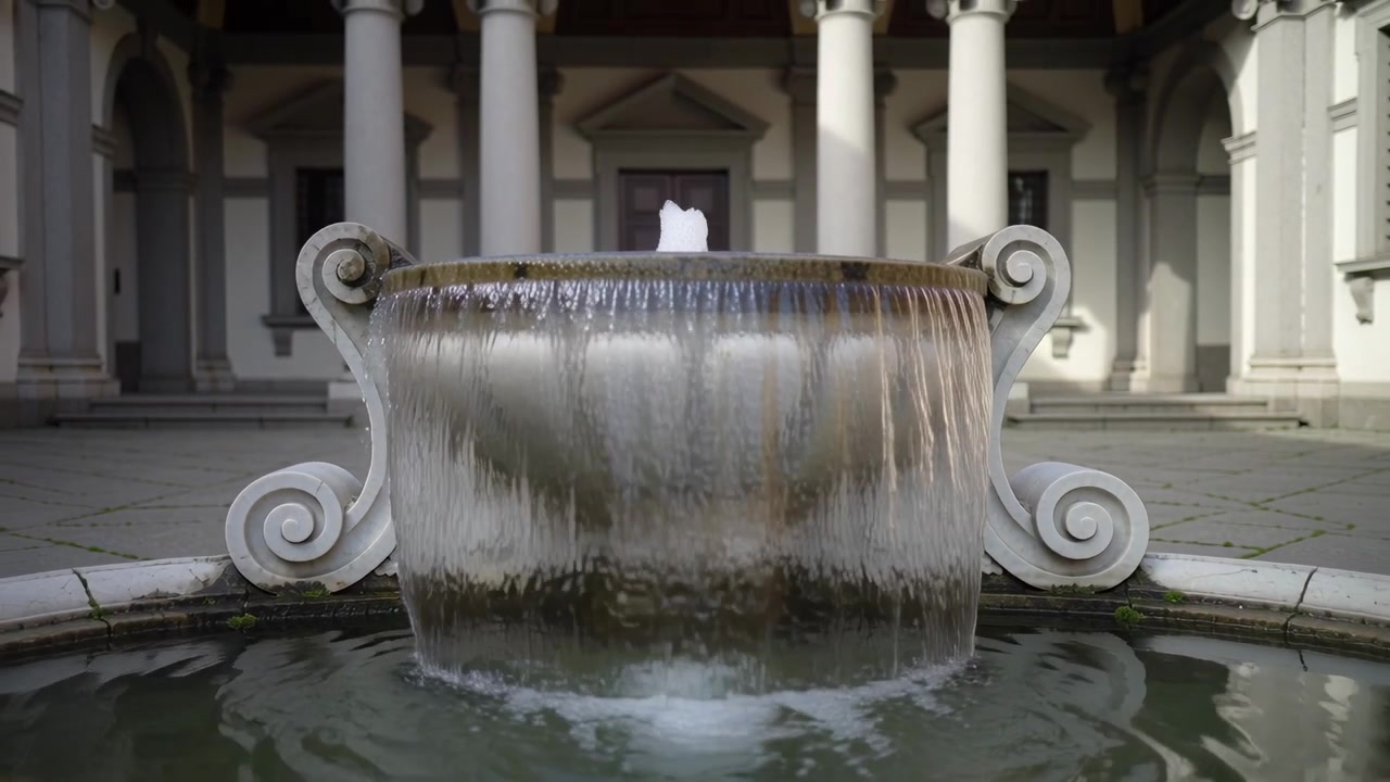 Camera pulling back showing ornate fountain pouring jets into lower pool in courtyard, jet foaming