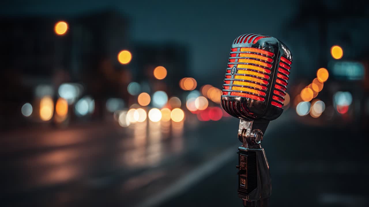 Vintage Microphone Illuminated by City Lights, Captured in a Nighttime Urban Setting with a Depth of Field Focus on the Classic Design and Vibrant Colors