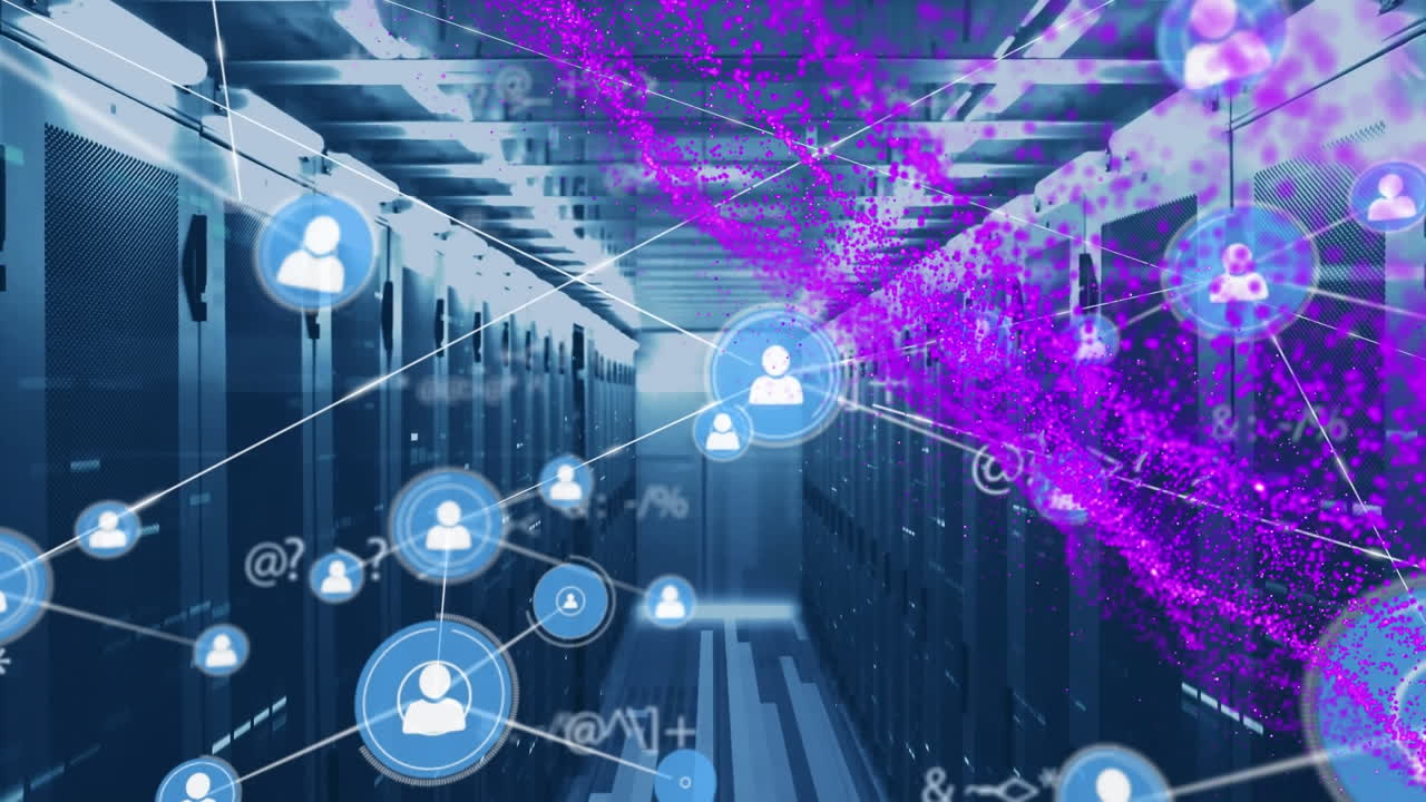 Animazione di rete di connessioni con simboli su server di computer.