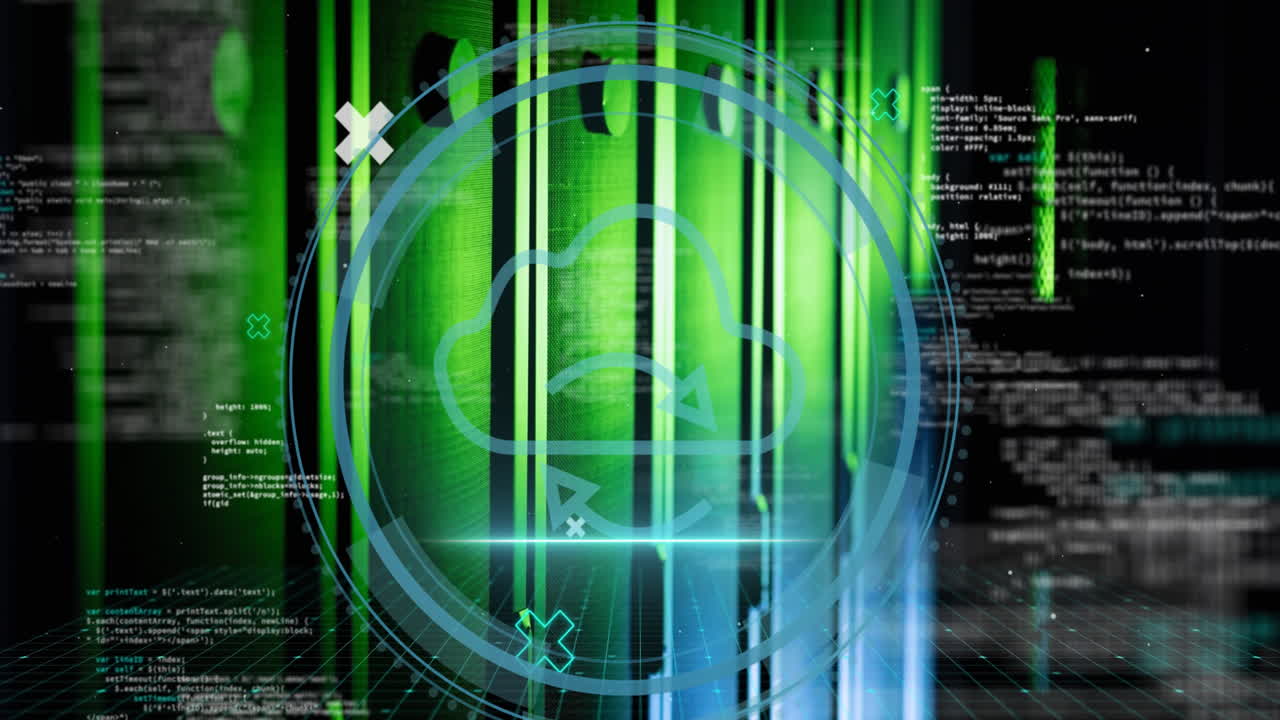animazione dell'icona cloud e elaborazione dei dati su server informatici