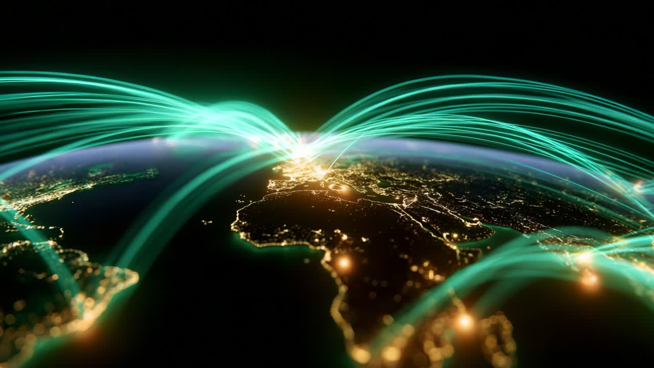 A Stunning Visualization of Global Connections: The Infinite Network of Data Flowing Across Continents, Showcasing the Interconnected Nature of Our World Through Brightly Lit Pathways in a Darkened Environment