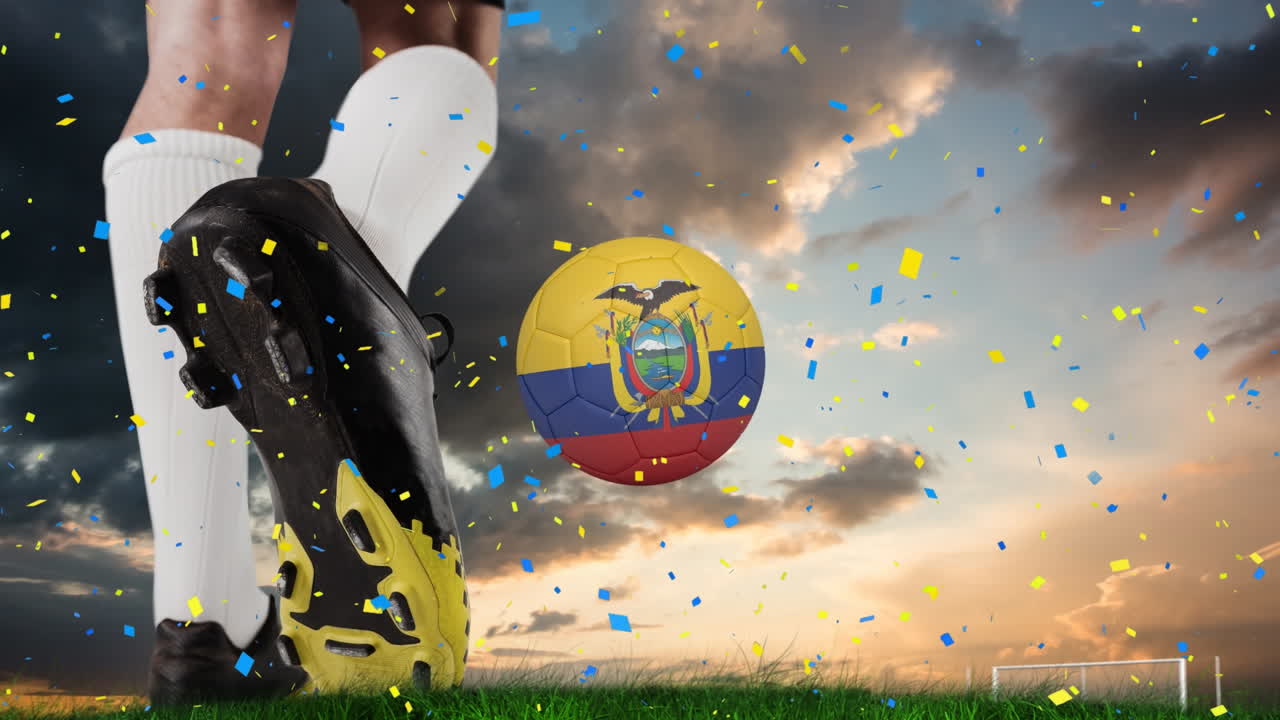 animación de confeti sobre los pies de un jugador de fútbol caucásico y una pelota con bandera colombiana sobre la puesta de sol