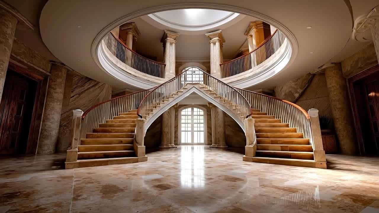 A large foyer with a spiral staircase in the middle of it