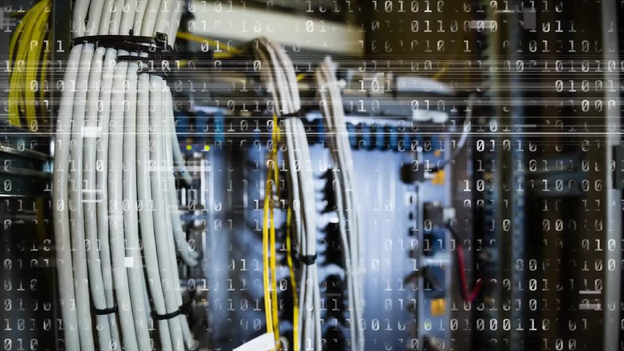 Animation of binary coding over server room