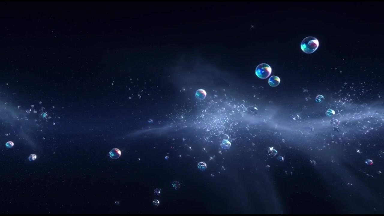 Bolle iridescenti che fluttuano attraverso una nebulosa cosmica scura.