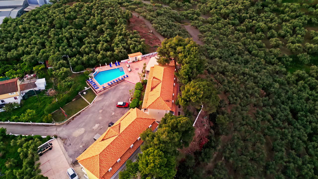 Greek Landscape With View Over Private Resort In Summer - Aerial Drone Shot