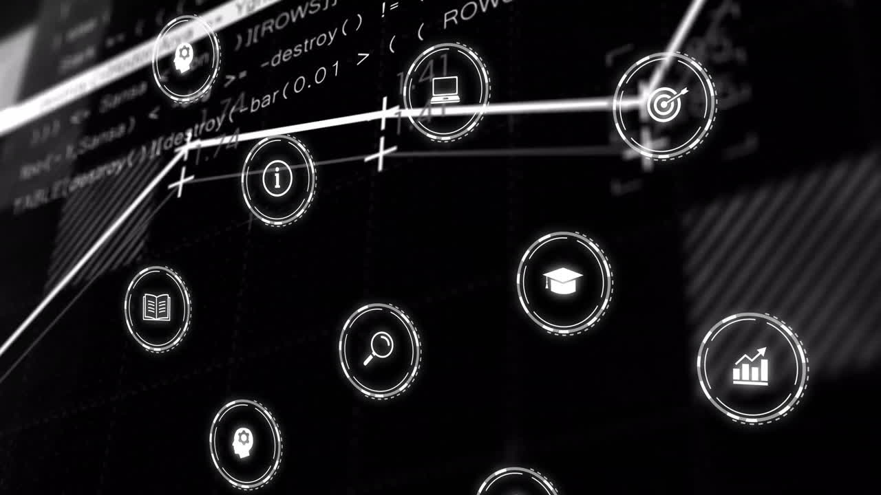 Animation of digital interface with icons and code, showcasing technology and data