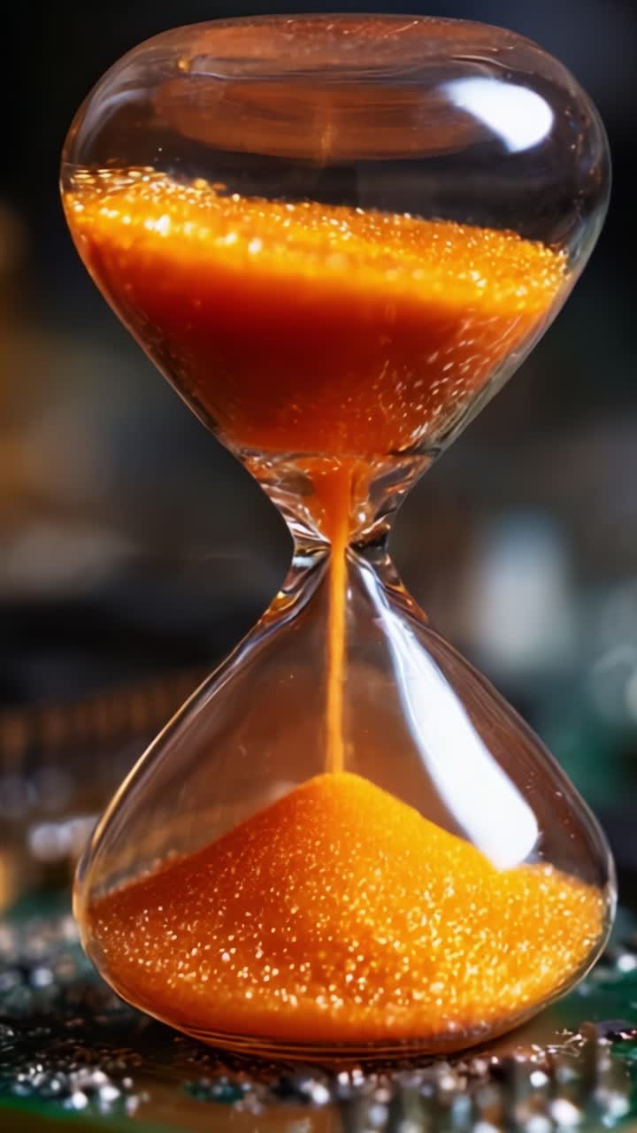 A mesmerizing hourglass captures the graceful flow of vibrant orange sand, symbolizing the passage of time while showcasing intricate details within its glass structure
