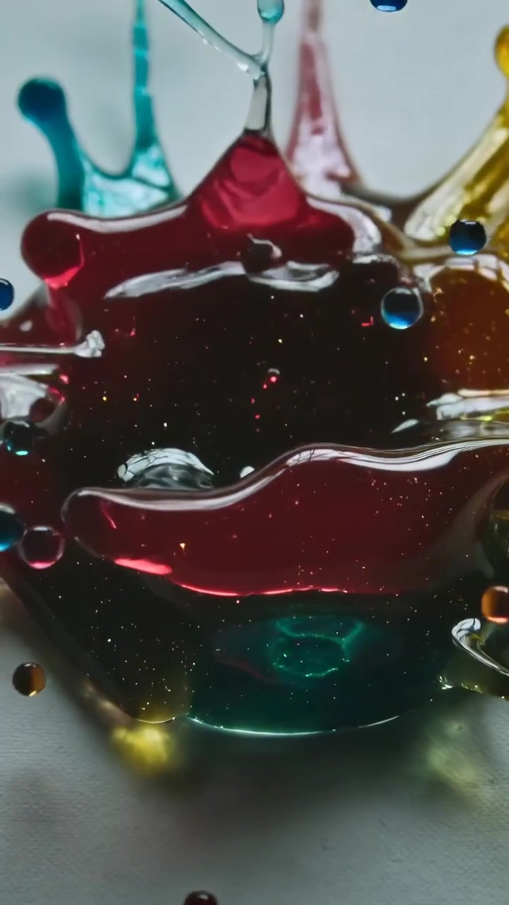Video vertical: Pipeta goteando sobre un charco de color viscoso en una hoja blanca, salpicando gotas hacia afuera.