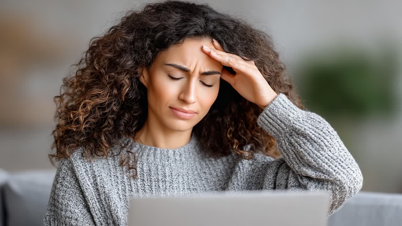 A woman experiences frustration and stress while working on her laptop, showcasing the challenges of modern technology and the emotional toll of remote work in a cozy setting