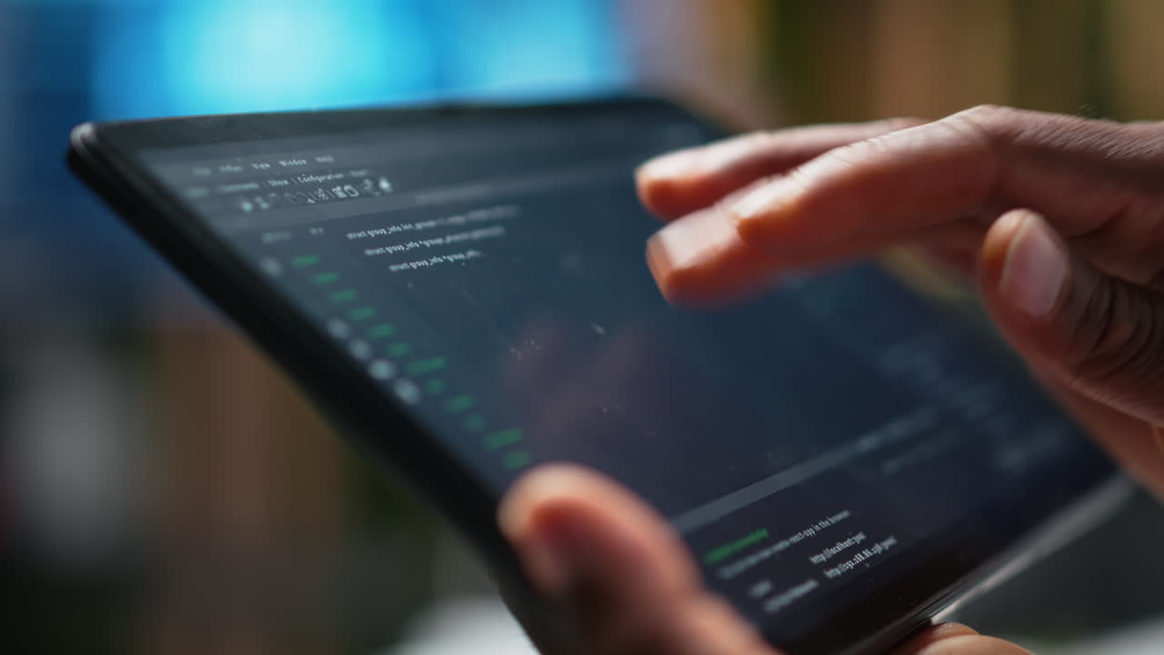 Close-up of Hands Scrolling Code on a Digital Tablet