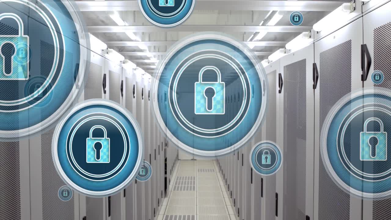 Animation of icons of online security padlock over computer servers