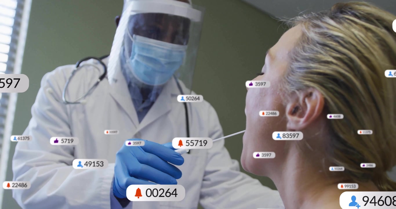 Doctor collecting swab for health testing while patient opening mouth with data icons rising