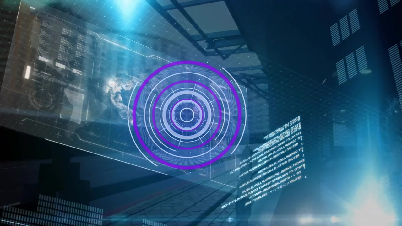 Animation of scope scanning, numbers and data processing on blue background