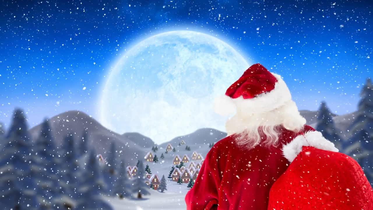 산타클로스의 뒷면과 겨울 풍경의 여러 집과 나무에 눈이 내리고 있습니다.