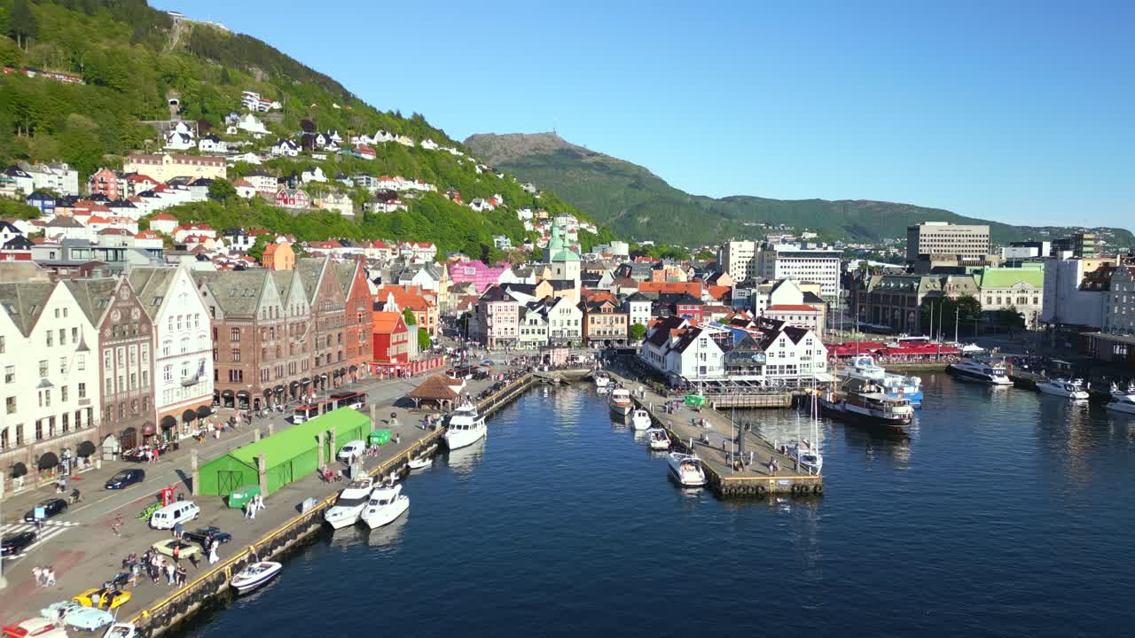 Sunny summer aerial view of Bryggen, a historic harbour district in Bergen, Norway.