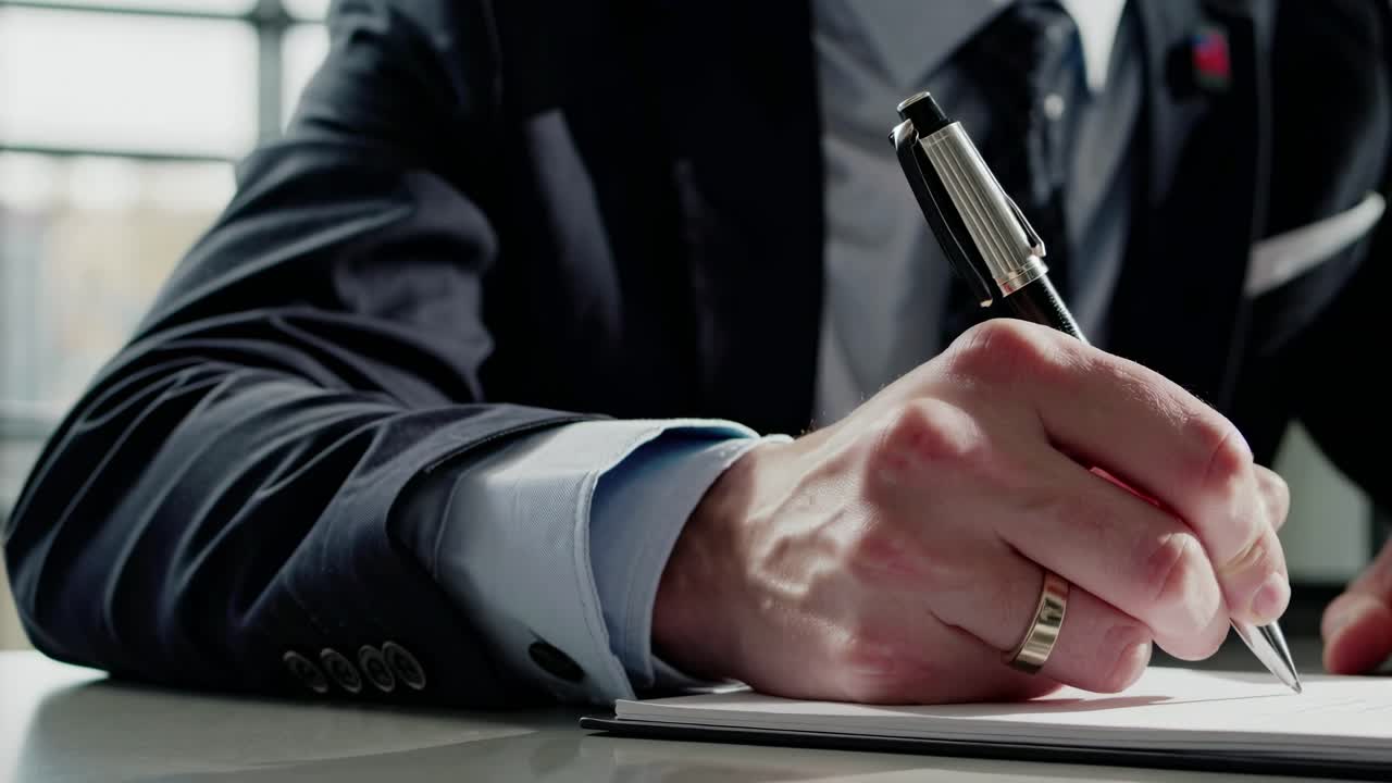Close-up video shot of a businessperson's hand writing on paper, capturing a professional