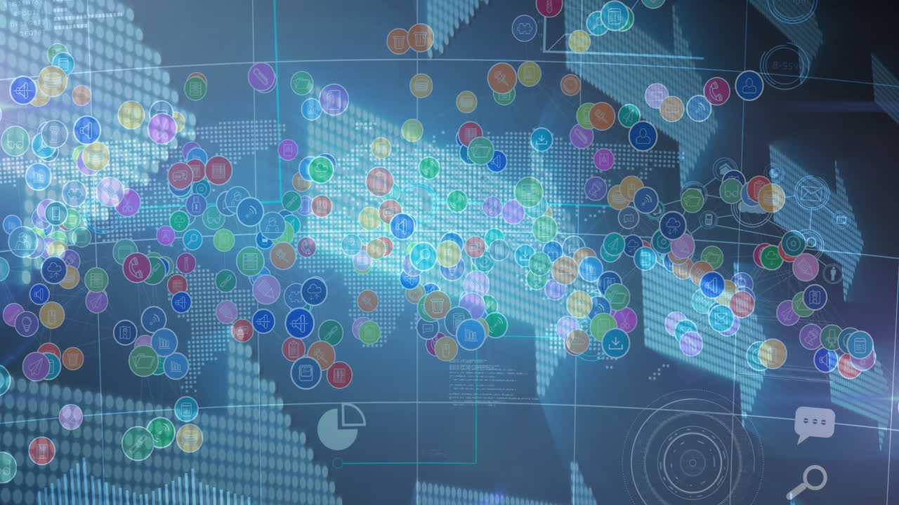 세계 지도 위의 디지털 아이콘과 화살표의 애니메이션