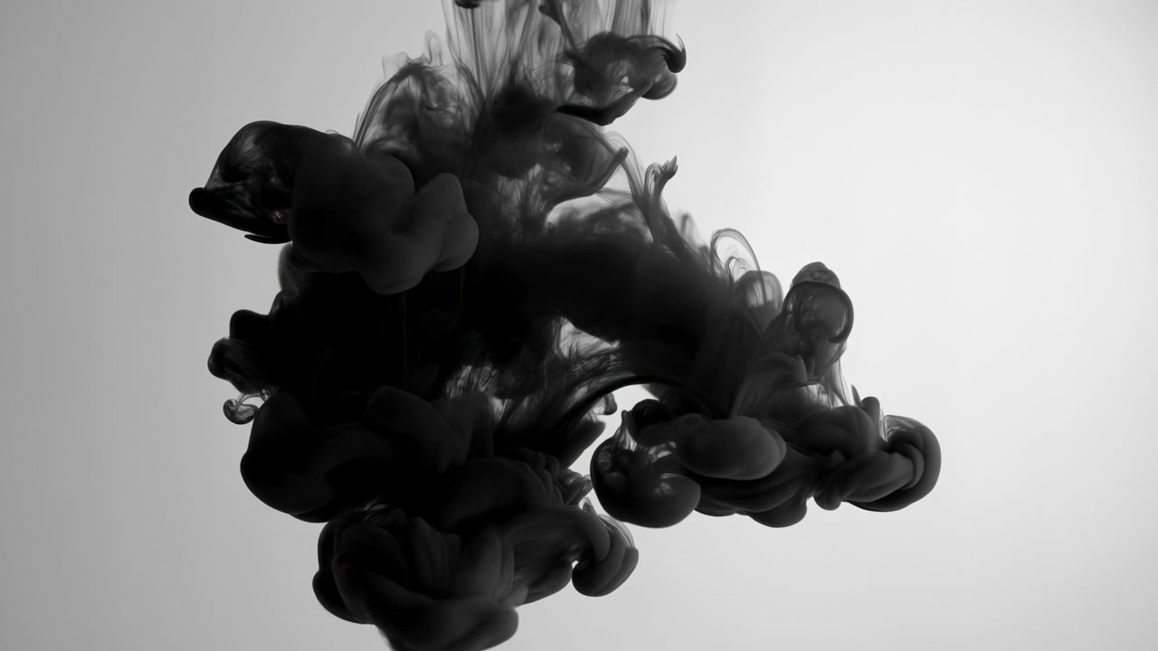 Schwarze Tinte wirbelt im Wasser, abstraktes Studioexperiment fängt aufsteigende Wolke und zarte Ranken ein.
