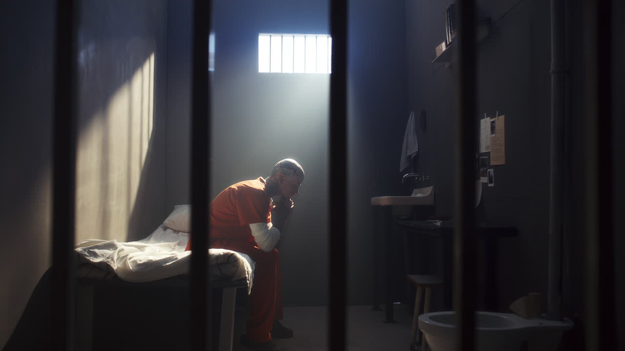 Depressed Prisoner Sitting on Bed in Correctional Facility Room