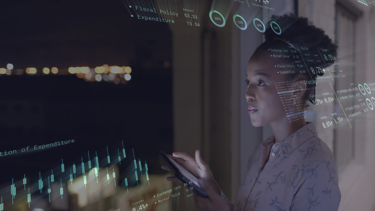 Animation of financial data processing over african american businesswoman in office