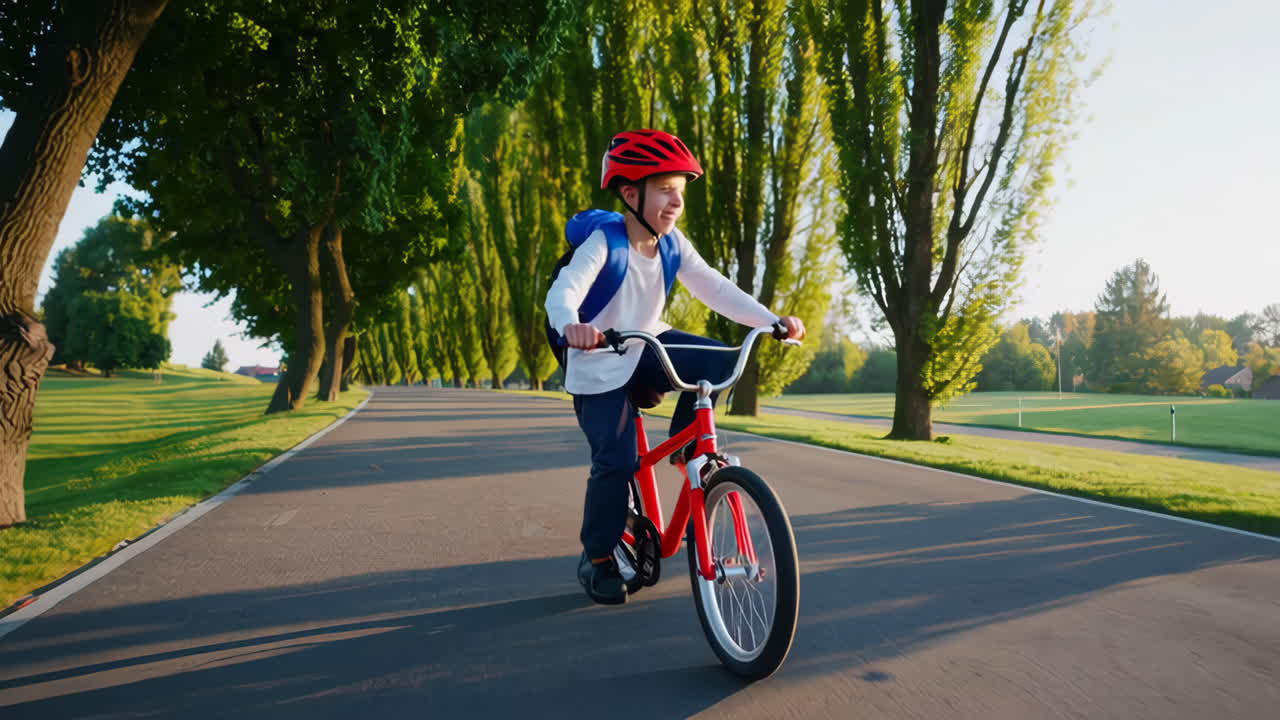 Happy Boy Riding Bicycle on a Tree-Lined Road