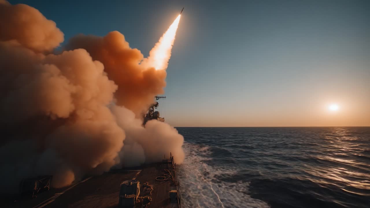 Technologie Militaire Avancée en Action : Un puissant lancement de missile depuis un navire de guerre sur fond d'océan et de coucher de soleil.