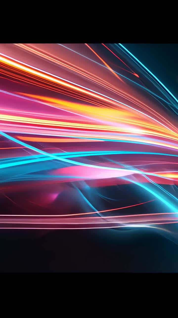 Vertical video: Frames shifting driving neon ribbons right forming core with tracers in dark void