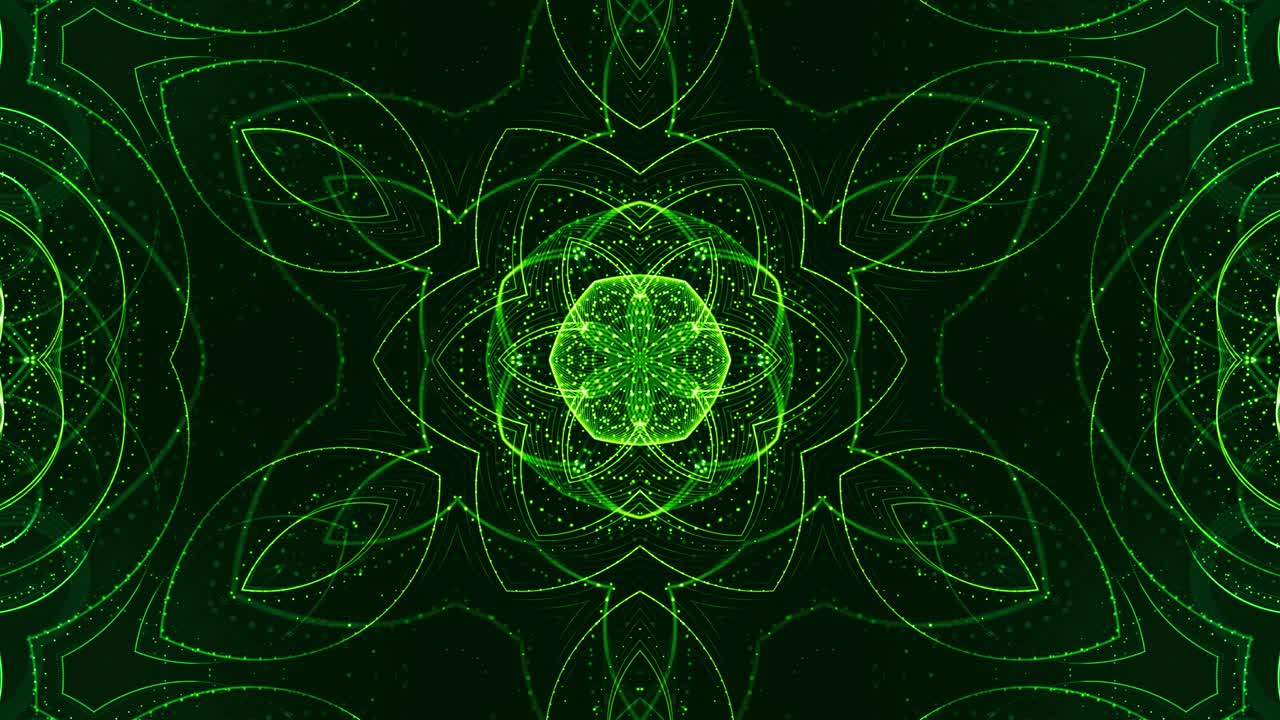 4k цикл научной фантастики 3d фон с светящимися зелеными частицами образуют линии, поверхности, узоры, калейдоскопные структуры. абстракция симметричных точечных структур в движении.