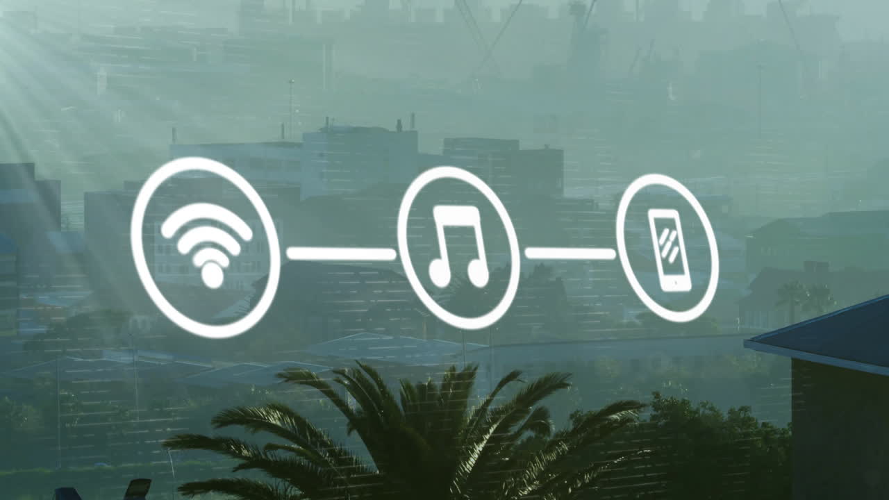 Animazione di una rete di icone wifi e multimediali su un paesaggio urbano moderno