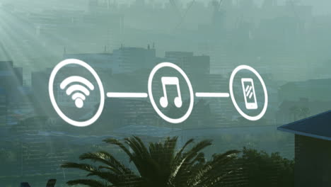 Animación-De-La-Red-De-Wifi-Y-íconos-Multimedia-Sobre-El-Paisaje-Urbano-Moderno