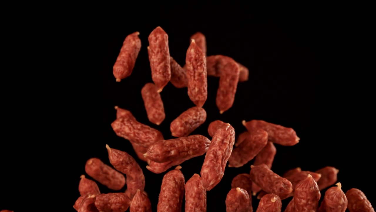 Mini salsicce di salame che cadono al rallentatore su sfondo nero.