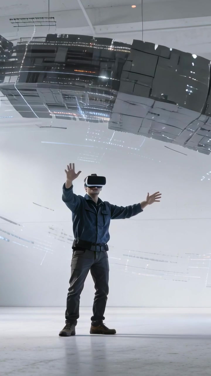 Vertikální video: Objevuje se hologram, muž v bundě se sluchátky se natahuje a vede formu ve studiu.