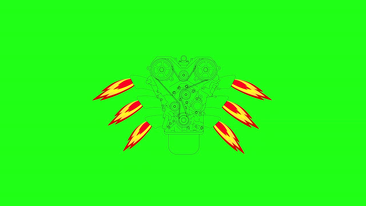 motor de combustión interna, con fuego desde el tubo de escape. fondo de pantalla verde. animación 4k.