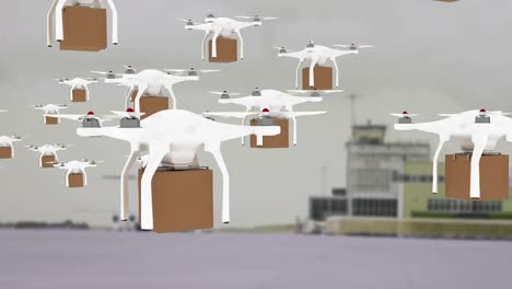 Animation-of-drones-carrying-parcels-flying-over-out-of-focus-airport