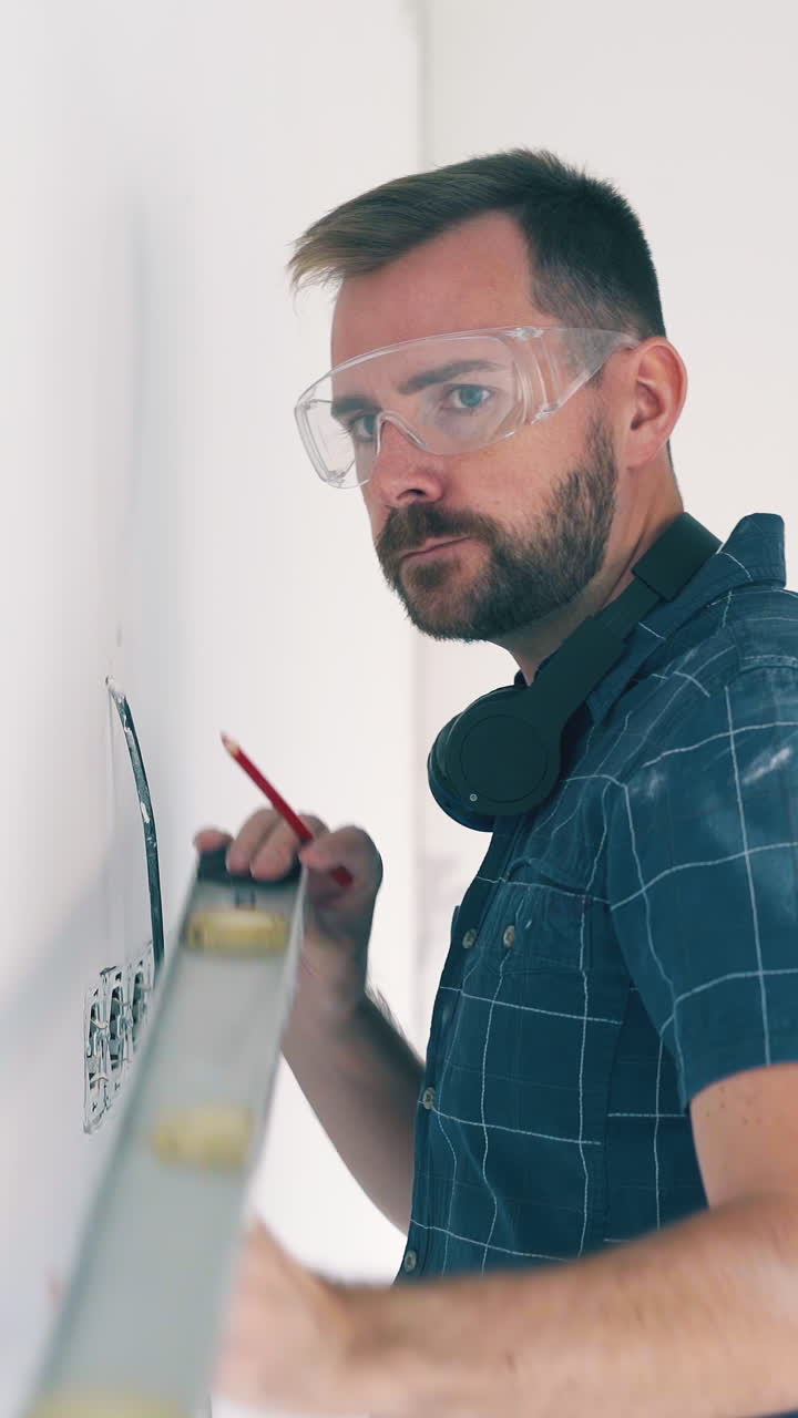 CU, Dolly cam: young bearded man with beautiful girlfriend checks level of clean white wall in renewing room closeup