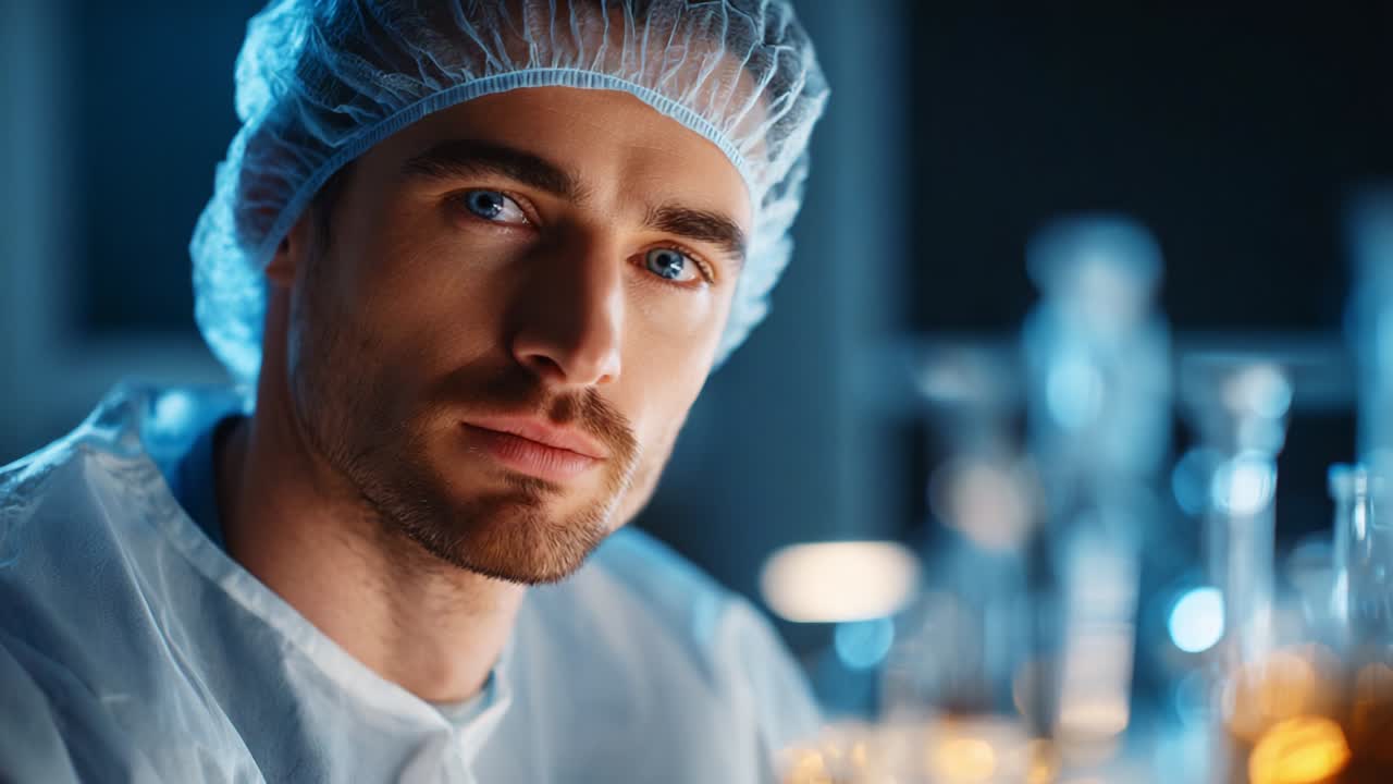 A focused scientist in a laboratory setting, wearing protective gear and deep in thought, surrounded by glassware, reflects concentration and determination in the world of research and experimentation
