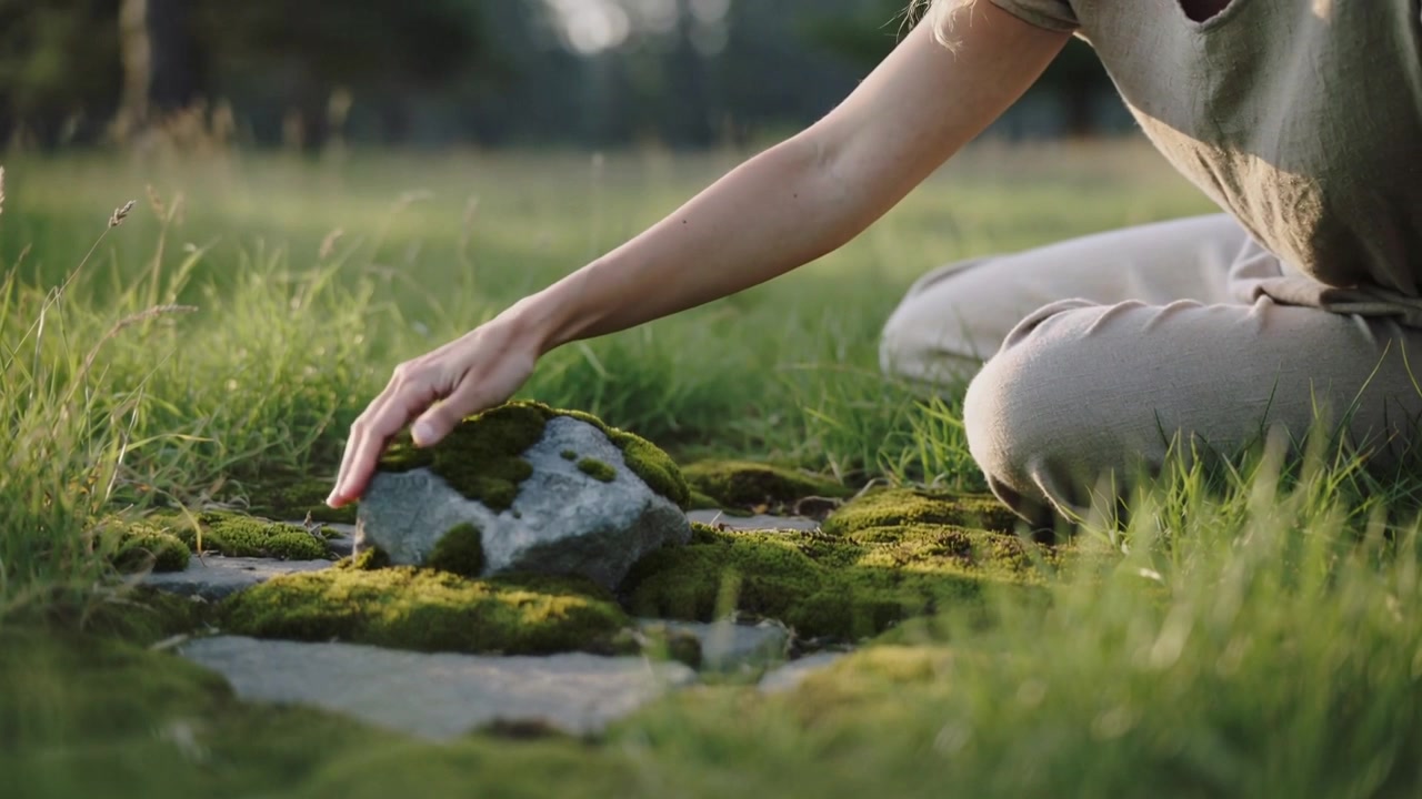 Reaching kneeling woman in khaki pants touching mossy rock in meadow, testing texture, copy space