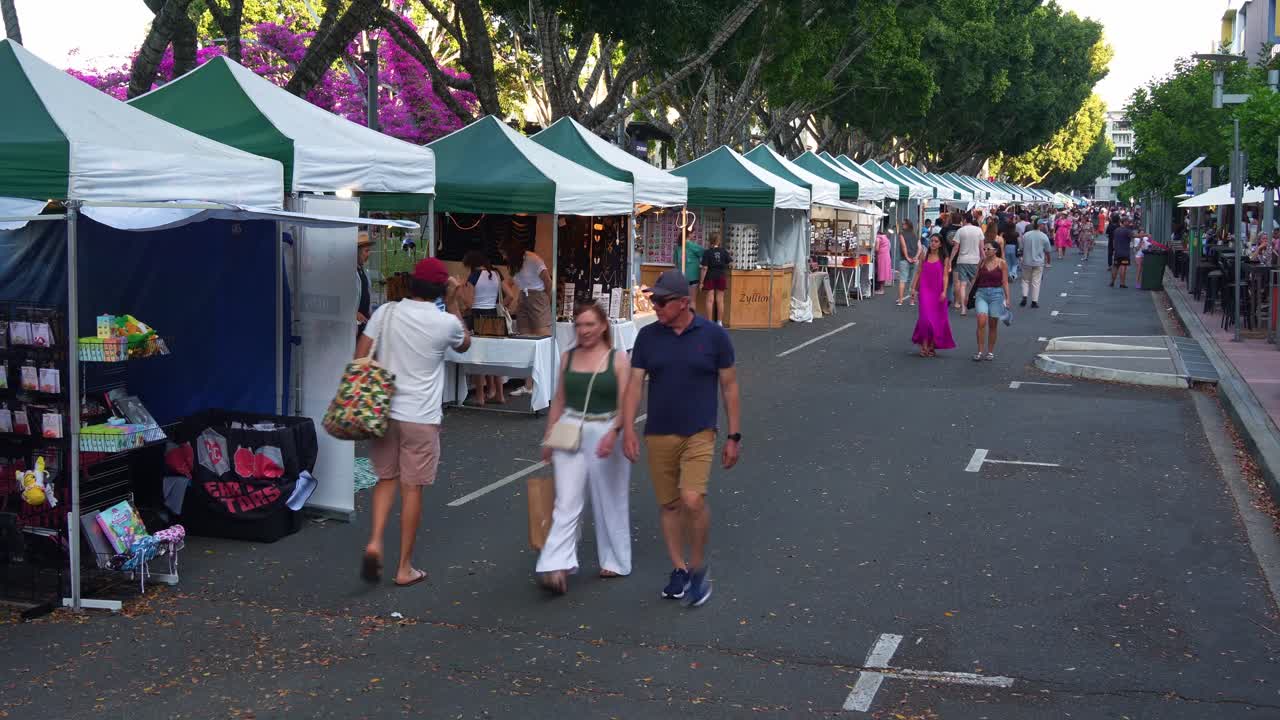 Lively Collective Markets in South Brisbane on the weekend, Brisbane's premier recreational and cultural destination with market stalls run along Little Stanley street, time-lapse shot.