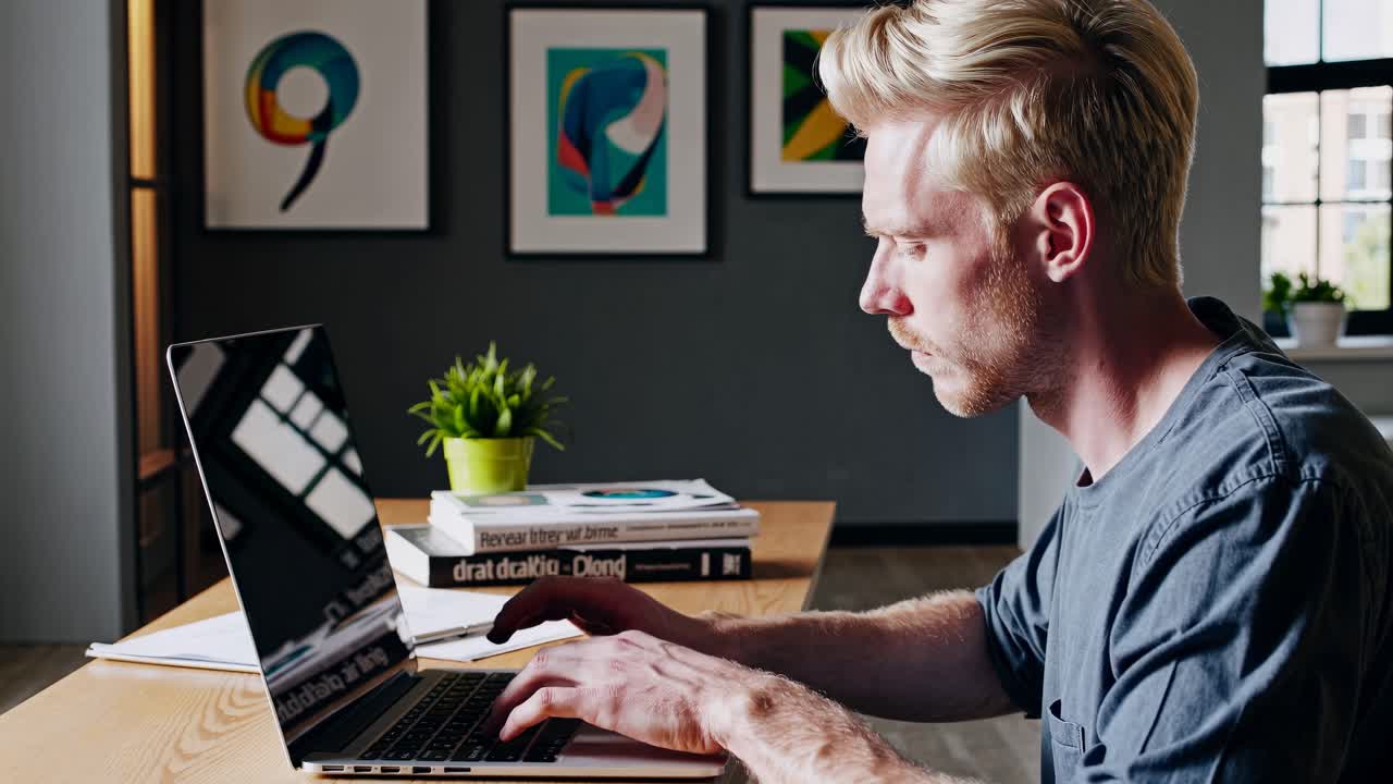 Sidevinkel af en mand, der arbejder på en bærbar computer på et moderne kontor
