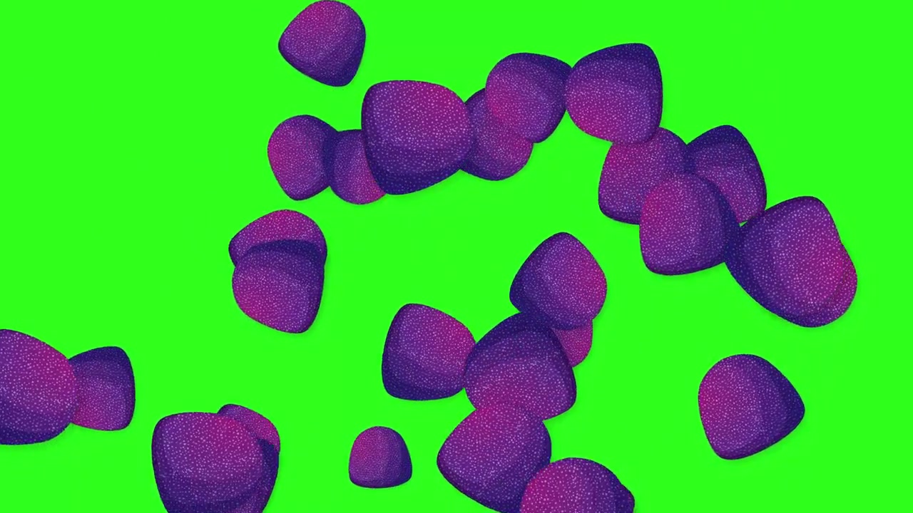 Caramelle gommose animate viola ricoperte di zucchero che cadono e rimbalzano su uno sfondo vibrante a schermo verde