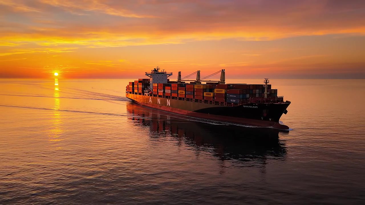 Large cargo vessel navigating calm sea at golden hour sunset