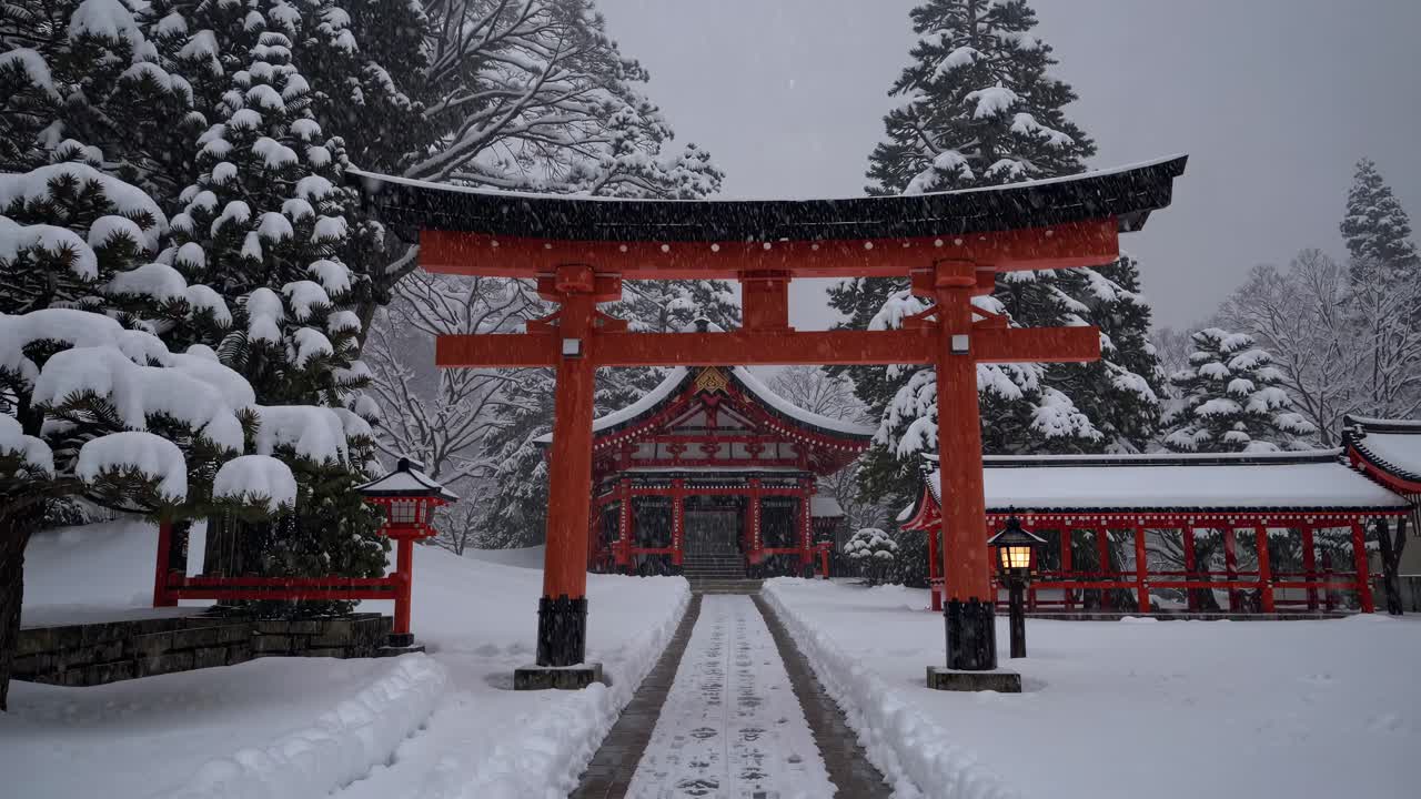 A serene winter scene of a snow-covered shrine with a torii gate, captured from a low angle