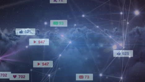 social media notifications and interactions animation over cloud network background