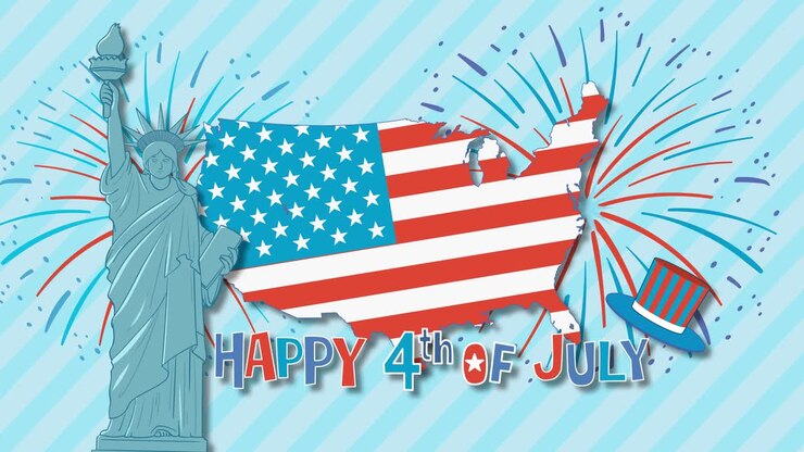 Animated celebration of Independence Day with fireworks, the Statue of Liberty, and USA map in flag colors