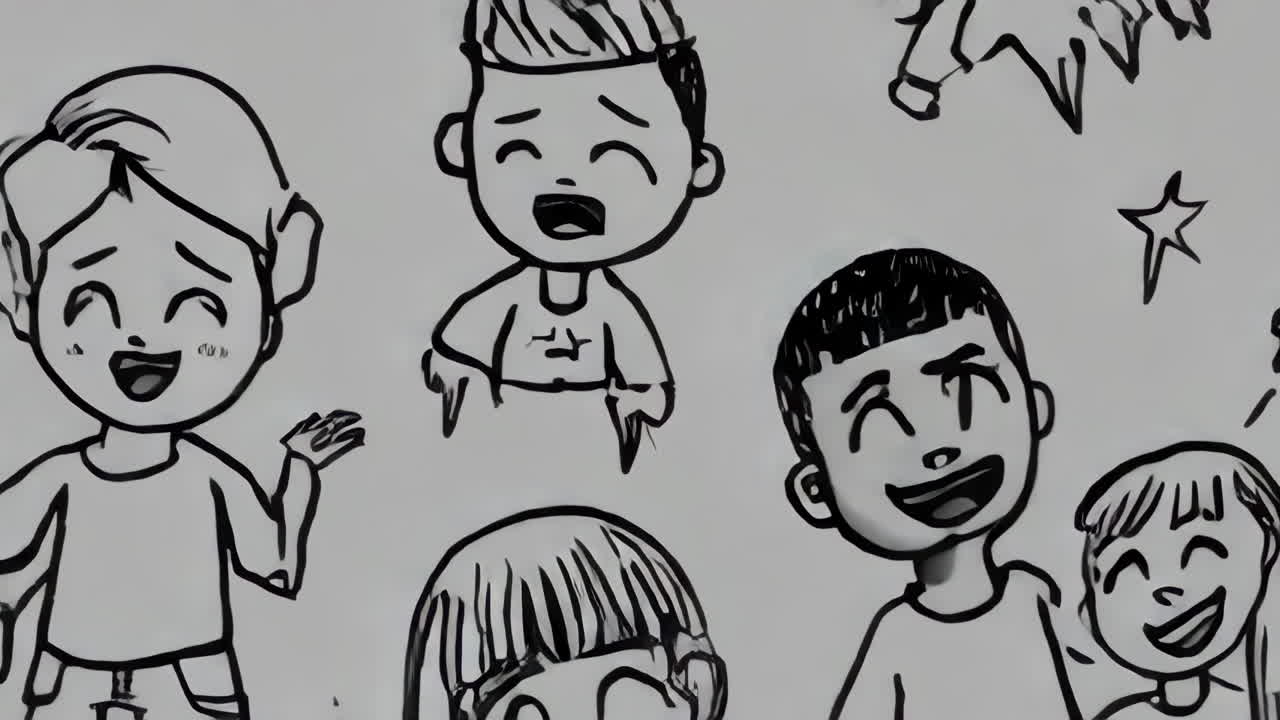 Black and White Cartoon Drawings of Happy and Energetic Children