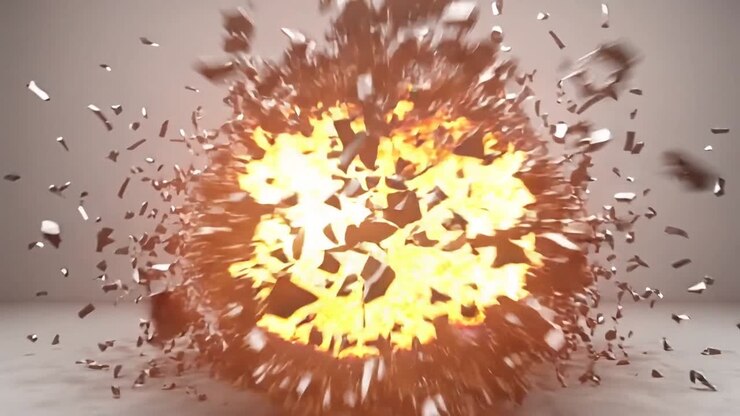 Midsection peeling, striped cylinder breaking into shards, igniting internally, blasting outward